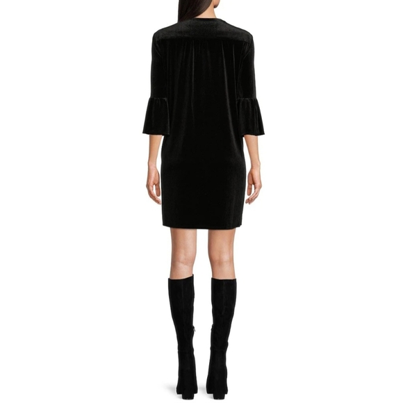 Jude Connally Kerry Stretch Velvet Split Round Neck 3/4 Bell Sleeve Shift Dress - Picture 3 of 12